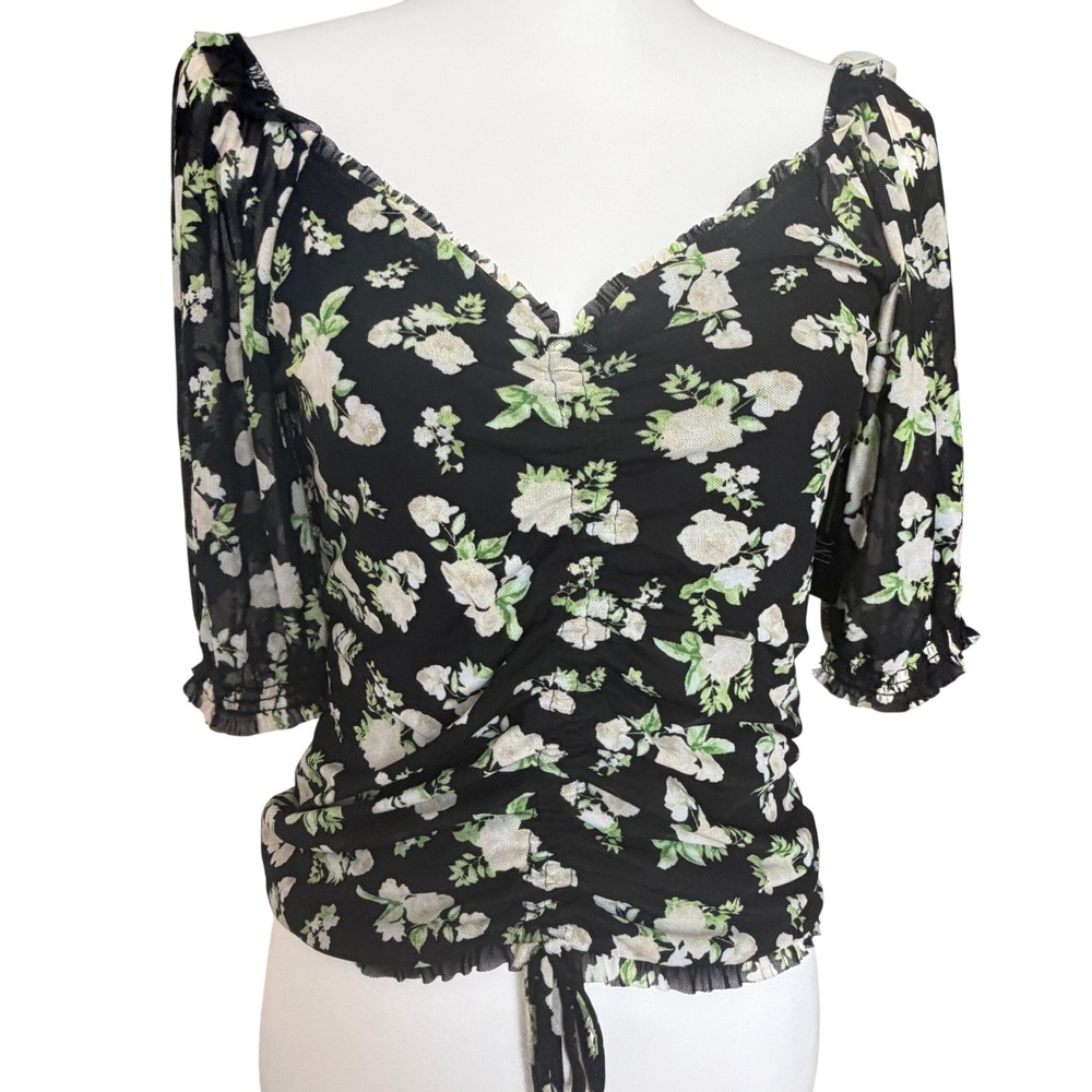 NWT INC International Concepts S Black Floral Sheer Ruched Milkmaid Whimsygoth‎